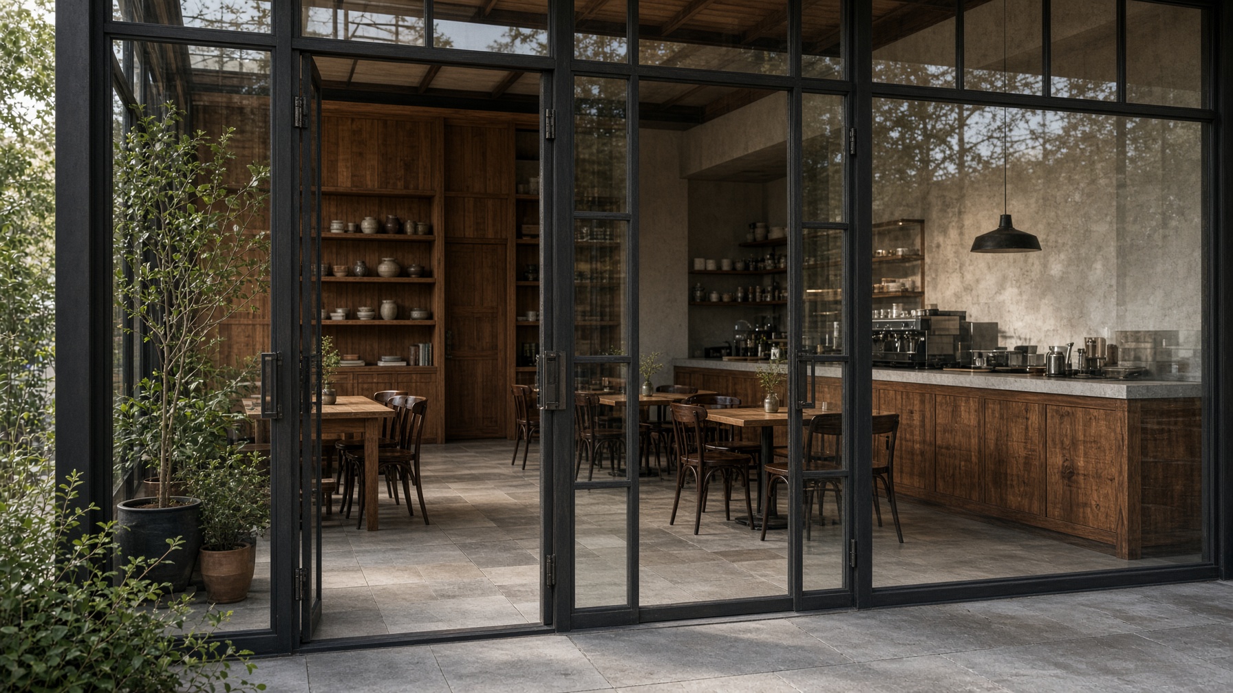 Looking through glass into a quiet independent restaurant